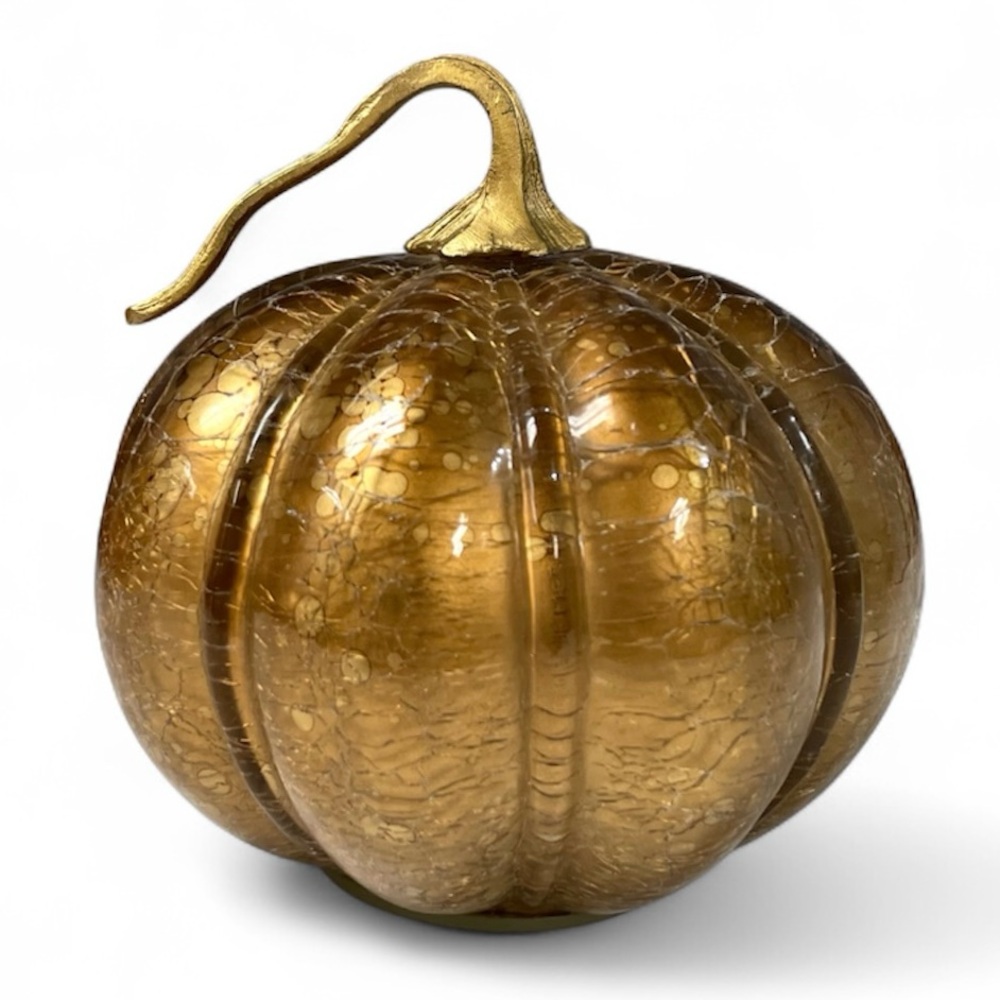 Pier 1 Hand Blown Bronze Crackle Glass Pumpkin Metallic Gold Stem Fall Decor